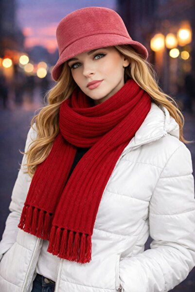 kuru Women's Red Velvet Bucket Hat Thessaloniki Knitted Scarf Winter Combinat...