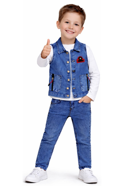 İrem Çocuk Giyim سترة جينز للأولاد بأزرار أمامية، بنطلون جينز بأكمام طويلة، ط...