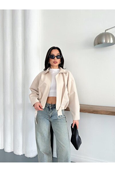 timagna Kadın Kemerli Fermuarlı Oversize Kısa Bomber Ceket