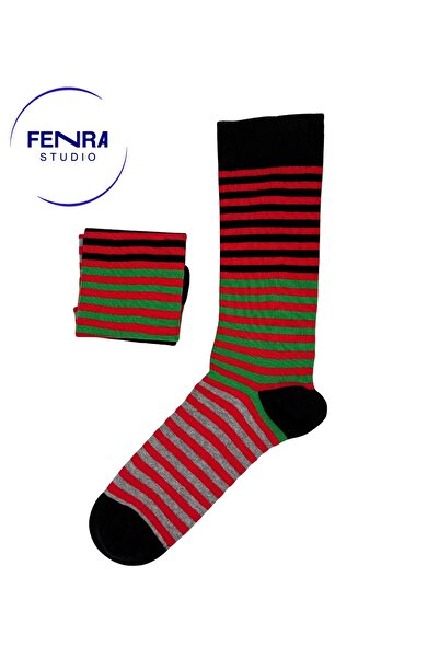 FENRA STUDIO Men's Red Green Navy Blue Striped Cotton Toeless Socks