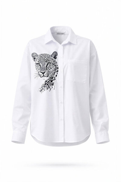 Miss Poem Women's White Shirt with Collar and Tiger Figure Print Cotton Shirt