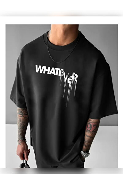 TİMİSİVA Unisex Oversized Sanatsal Printed Crew Neck Short Sleeve Black T-Shirt