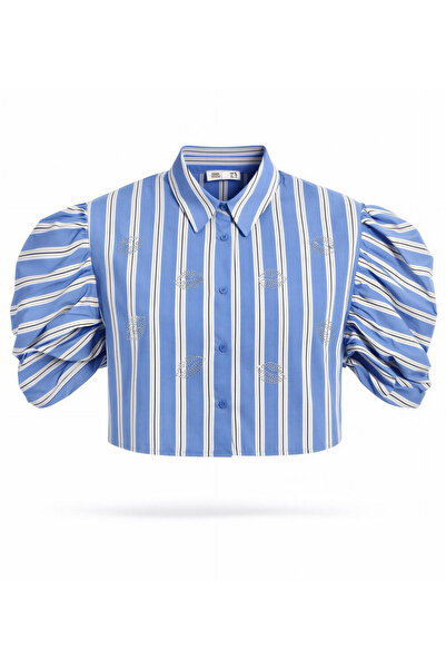 Miss Poem Women's Blue Striped Stone Detailed Balloon Sleeve Crop Shirt