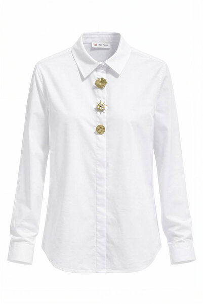 Miss Poem Women's White Gold Accessory Detailed Long Sleeve Shirt