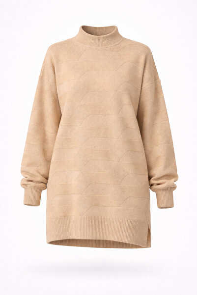 adba style Örgü Dokulu Oversize Tesettür Yumoş Triko Ekru Tunik 4080