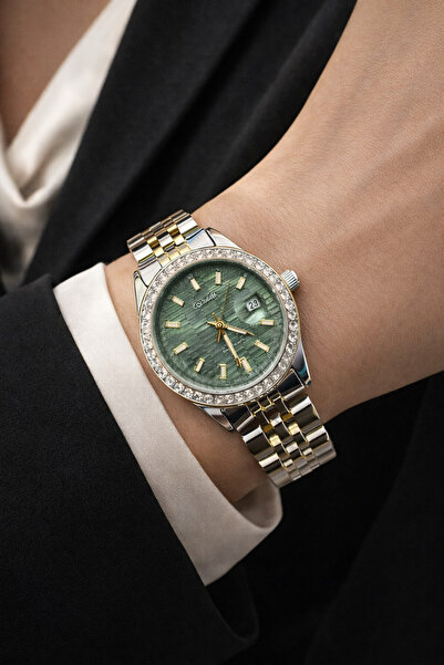 matheon Coliseum Kadın Kol Saati Yeşil Kadran Çift Renk Çelik Kordon Taşlı Bezel