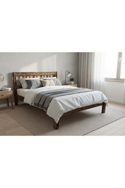 Kayseri Masif ceviz rengi ızgara başlıklı ahşap karyola