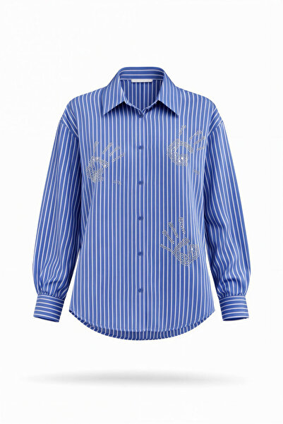 Miss Poem Women's Blue Striped Stone Embroidered Long Sleeve Shirt