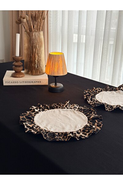 KaiAtelier 6-Piece Natural X Leopard Linen Round Ruffle Detailed American Ser...