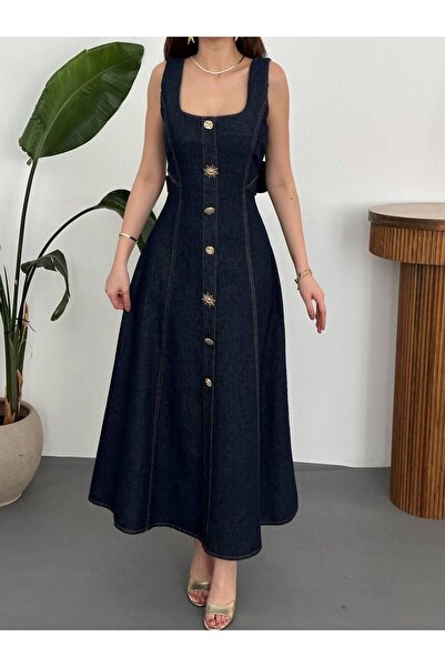 Ekim Store Navy Blue Ribbon Back Sun Buttoned Denim Dress