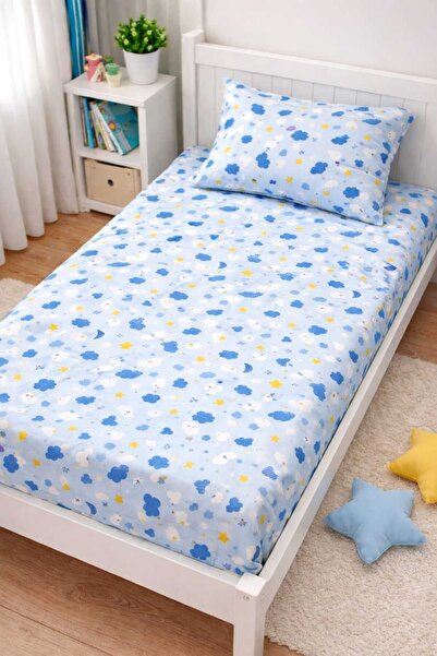 Bebek Özel 100% Cotton Baby Kids Elastic Sheet and Pillowcase 55X95 Blue Moon...