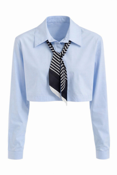 Miss Poem Women's Light Blue Scarf Crop Shirt Collar Long Sleeve Shirt