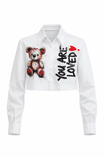 Miss Poem Women's White Teddy Bear Printed Crop Long Sleeve Shirt