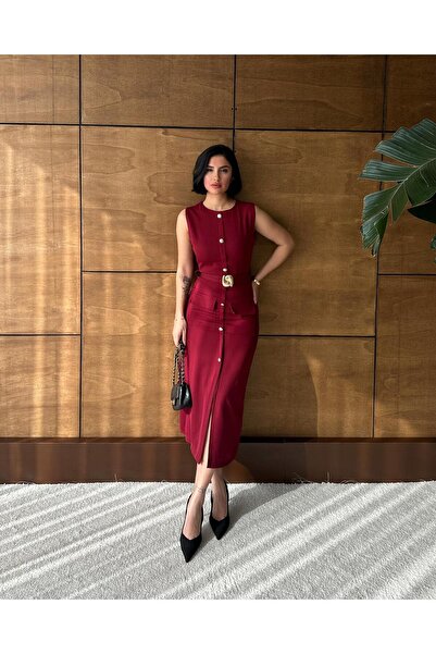maf collection Women's Burgundy Button and Belt Detail Pencil Dress