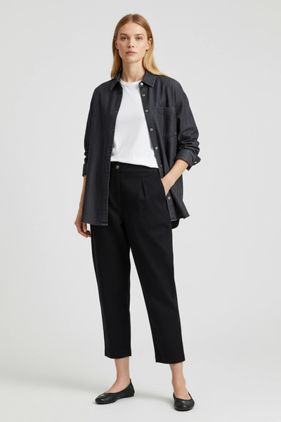 Invee Kadın Yüksek Bel Pamuklu Kumaş Pantolon - Siyah