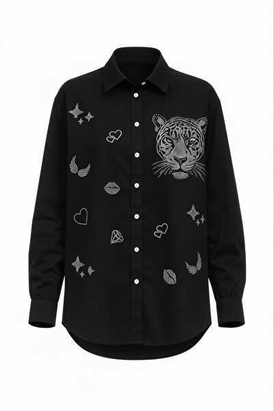 Miss Poem Women's Black Stone Tiger Figured 100% Cotton Shirt