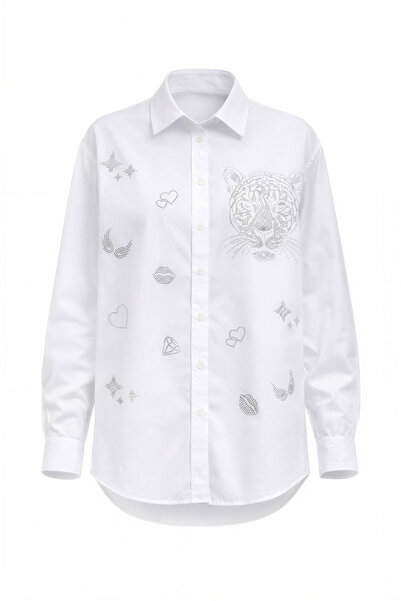 Miss Poem Women's White Stone Tiger Figured 100% Cotton Shirt