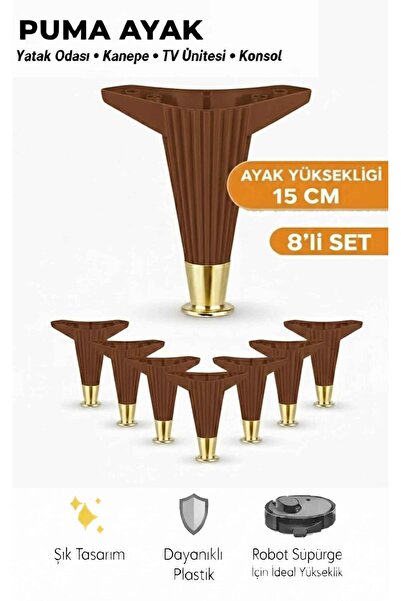 İMT AKSESUAR Puma 15 Cm Ceviz-Altın (8 Adet) Robot Süpürge Uyumlu Mobilya Kan...