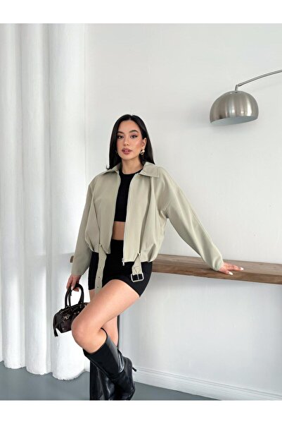 timagna Kadın Kemerli Fermuarlı Oversize Kısa Bomber Ceket
