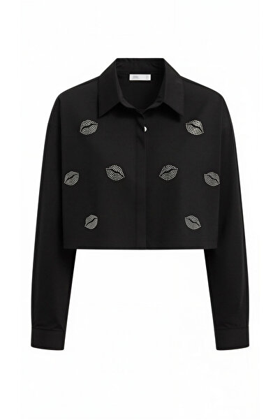 Miss Poem Women's Black Stone Lip Detailed Crop Long Sleeve Shirt