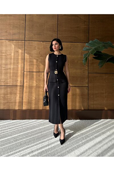 maf collection Women's Black Button and Belt Detail Pencil Dress