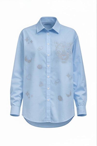 Miss Poem Women's Blue Stone Tiger Figured 100% Cotton Shirt