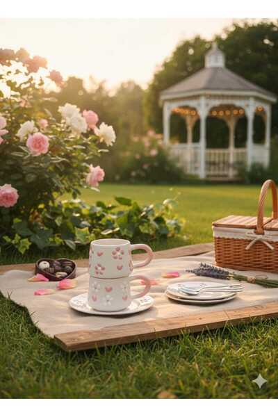 CEYU SERAMİK Sevgililere Özel Pembe Detaylı 2’li Kahve Fincanı