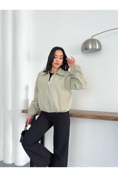 timagna Kadın Fermuarlı Bomber Ceket Lastikli Bel Ve Kol Detaylı Mevsimlik Ceket