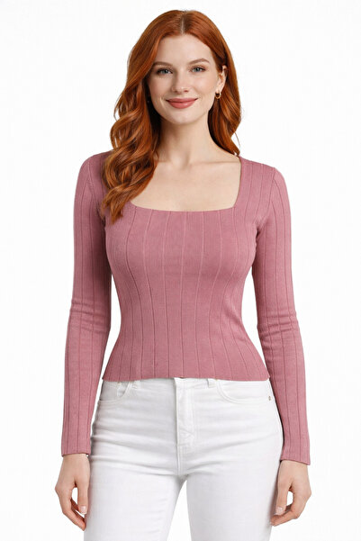 Neden Tekstil Square Neck Ribbed Long Sleeve Knit Sweater