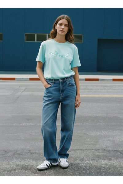 Ltb Short Sleeve Crew Neck Sign Printed Blue T-Shirt