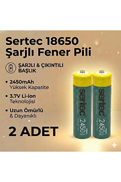 Sertec 18650 1C Şarjlı Pil 2450mAh Çıkıntılı Başlıklı Fener Pili 3.7V Li-ion 2li