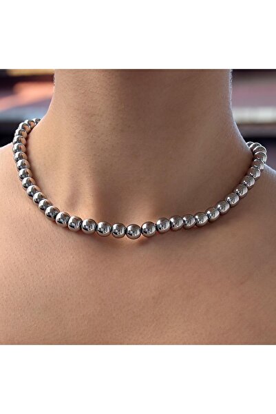 Jerberaa takı Gri inci kolye ( silver ) 8 mm yaz kolyesi