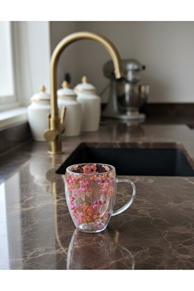 Kristella Lüks Çift Cidarlı Cidarlı Kurutulmuş Çiçekli Cam Kupa - 350 ml Este...