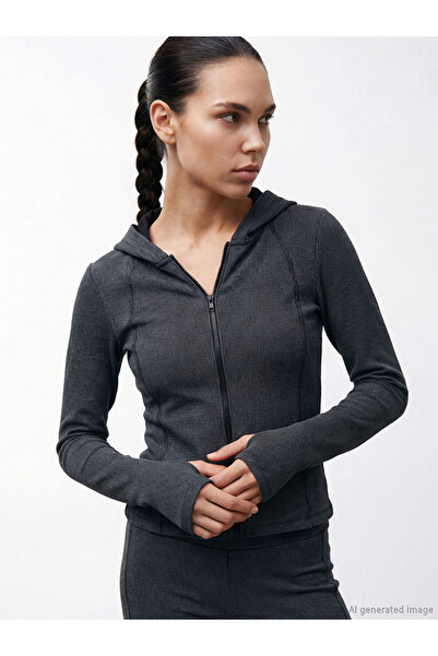LC Waikiki Koor Sport Anthracite Hooded Fingerless Soft Touch Women's Zippere...