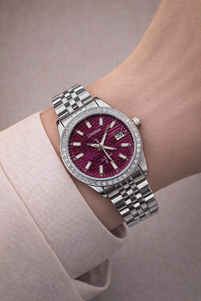 matheon Coliseum Kadın Kol Saati Bordo Kadran Gümüş Çelik Kordon Taşlı Çerçev...