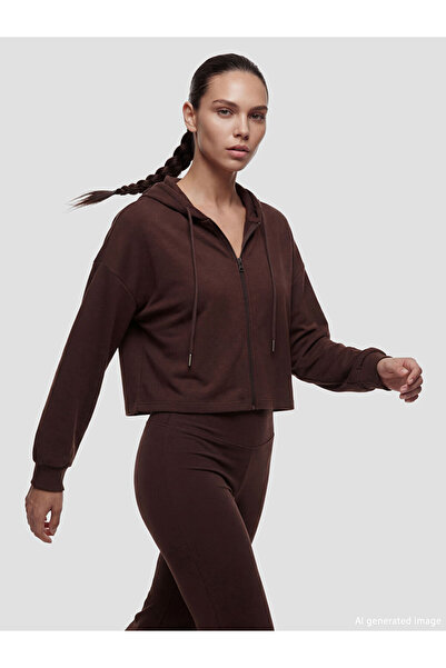 LC Waikiki KOOR SPORT Кафява дамска суитшърт с качулка и цип Soft Touch