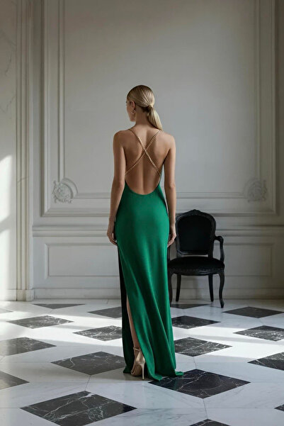 Afitapbutikmoda Zincir Askı Detay Sırt Dekolteli Yırtmaçlı Uzun Elbise