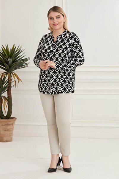 wearon tekstil Kadın Büyük Beden Penye Gömlek Esnek Desenli 4 dort Mevsim