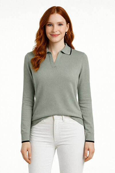 Neden Tekstil Polo Collar Stripe Detailed V-Neck Knitwear Sweater