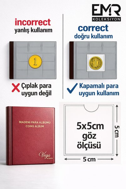 emir koleksiyon coin & paper collection Coin Album, Small Size, 72 Pockets, 12 Sheets for Coins - Navy Blue Color