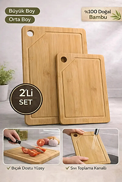 Tilbe Home 2'li Bambu Kesim Tahtası Büyük Boy + Küçük Boy Peynir Sunum Tepsi ...