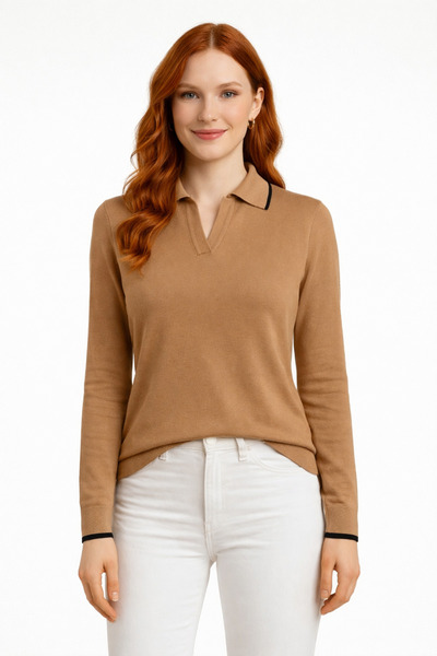 Neden Tekstil Polo Collar Stripe Detailed V-Neck Knitwear Sweater