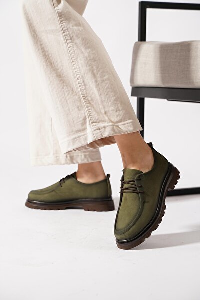 Moda Pie Pantofi de damă din piele naturală cusută și legată Resel, kaki nubuc