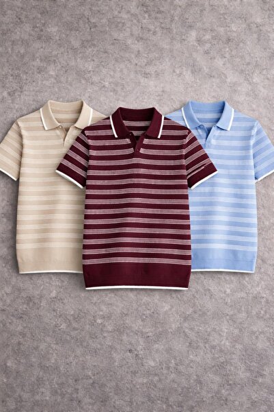 threeoff Tricou bărbătesc premium cu guler polo, tricotat în dungi, set de 3 ...