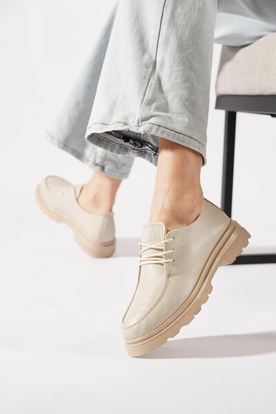 Moda Pie Pantofi de damă din piele naturală cusută și legată Resel, piele bej