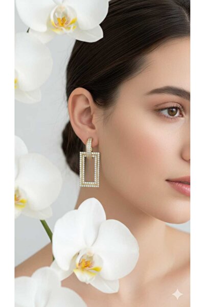 ZENA ACCESSORİES DİKDÖRTGEN ZİRKON TAŞLI GOLD ÇELİK KÜPE