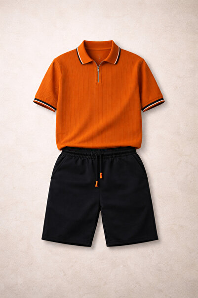 pepule Tricou din tricotaj cu fermoar și guler polo pentru bărbați și pantalo...