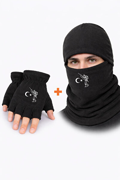 Omotasarım Türk Askeri Unisex Polar Kesik Eldiven Kar Maskesi Set
