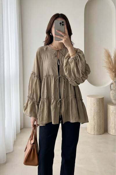 MissRunin Kolu Lastikli Önü Bağlamalı Katlı Modal Gömlek
