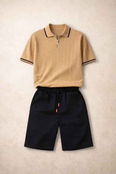 pepule Ανδρικό πλεκτό μπλουζάκι με φερμουάρ και λαιμόκοψη πόλο, και μαύρο σορ...